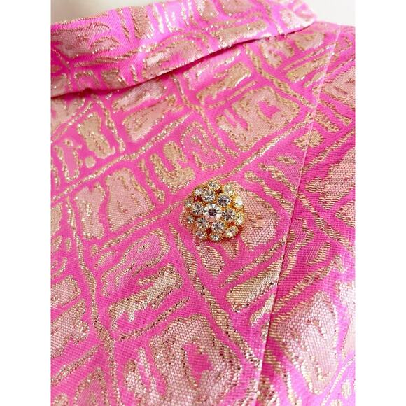 Richard Kaplan 1960s Pink Gold Metallic Thread Belted Vintage Shift Dress Sz 10 - Picture 8 of 16